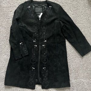 Avanti Suede Beaded Jacket sz 1X leather boho black duster holiday NYE long line